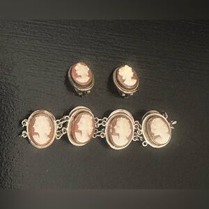 Vintage Cameo Link Bracelet and Clip-On Earrings - Brown and Cream Cameo